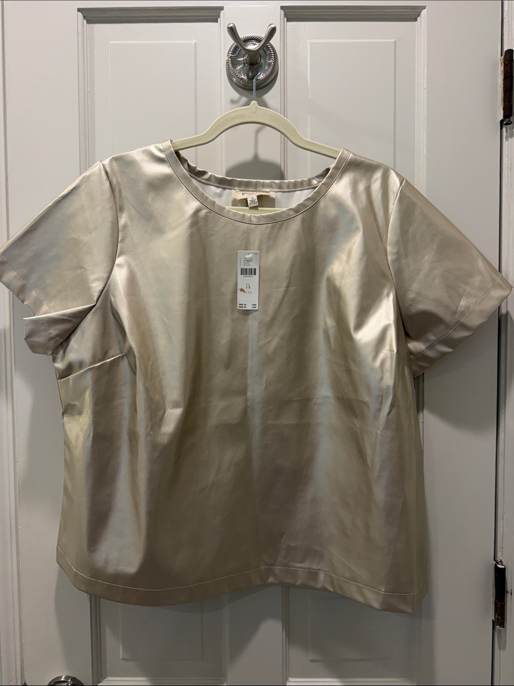 Porridge by Anthropologie Short Sleeve pleather type Crew Neck Top - Gold